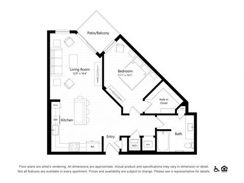 Floor plan for 1 bed, 1 bath, 807 sqft